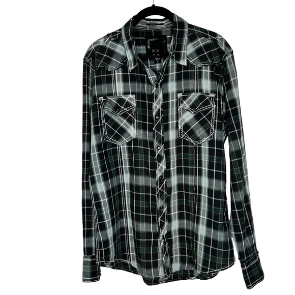 BKE Black Green Plaid Pearl Snap Button-Down Western Men's Shirt Size M - Picture 4 of 16